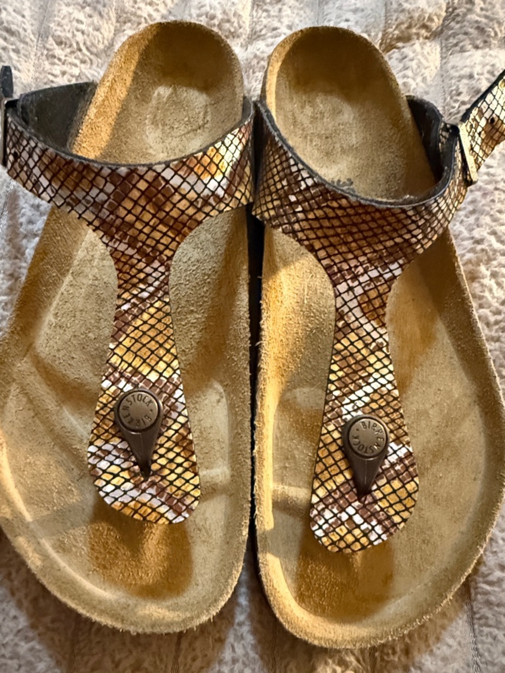 Birkenstock Metallic Gold Brown Snake-Print Thong Sandals